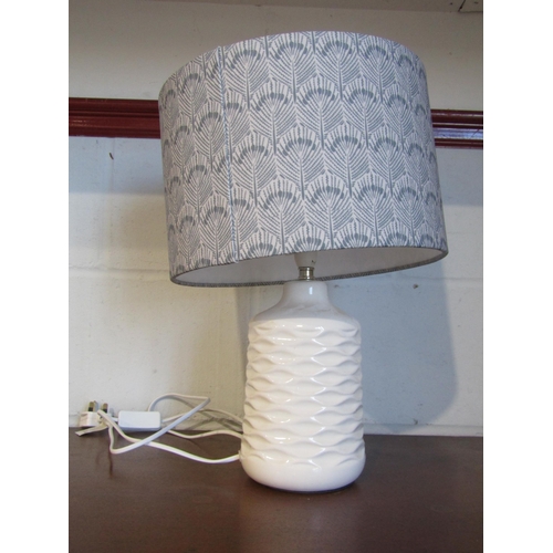 1012 - A pair of John Lewis ceramic table lamps, modernist form with blue and white shades