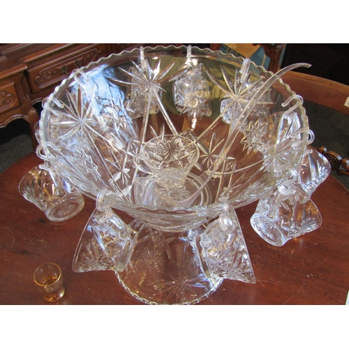 1015 - An Anchor Hocking punch set comprising of bowl, base, cups, hangers and ladle, boxed, one hanger mis... 