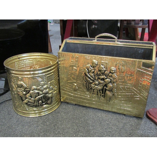 1059 - A brass waste paper bin and magazine rack with tavern scenes and a modern swing toilet mirror (3)