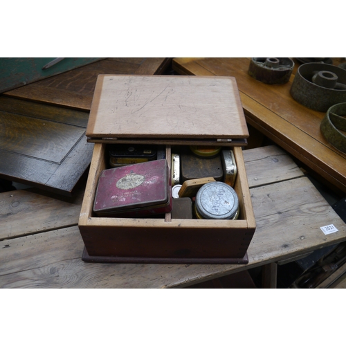 2020 - A pine lift top box with contents of tins of screws and nails