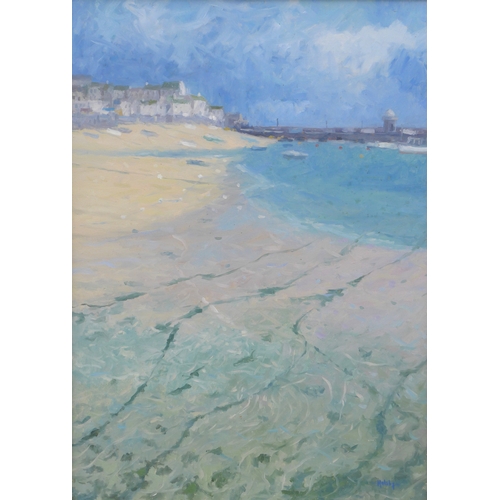 9043 - JULIAN HALSBY (b.1948) A framed oil on board, beach scene, possibly St Ives with the pier in distanc... 