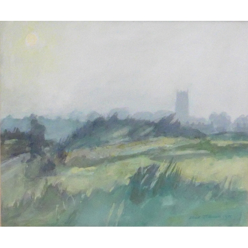 9046 - BRUER TIDMAN (1939-2024) A framed and glazed gouache, landscape with figure and church in distance. ... 
