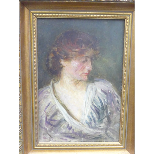 9032 - An early to mid 20th Century oil on board, portrait of a lady dressed in the manner of Vanessa Bell.... 
