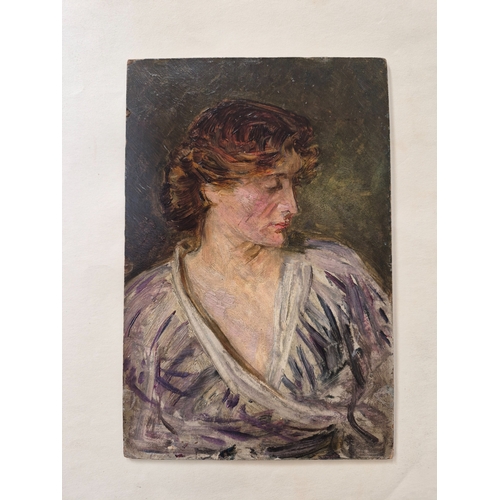 9032 - An early to mid 20th Century oil on board, portrait of a lady dressed in the manner of Vanessa Bell.... 