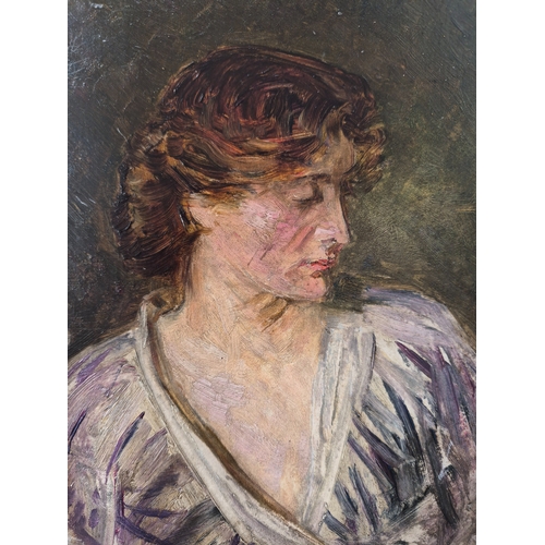 9032 - An early to mid 20th Century oil on board, portrait of a lady dressed in the manner of Vanessa Bell.... 