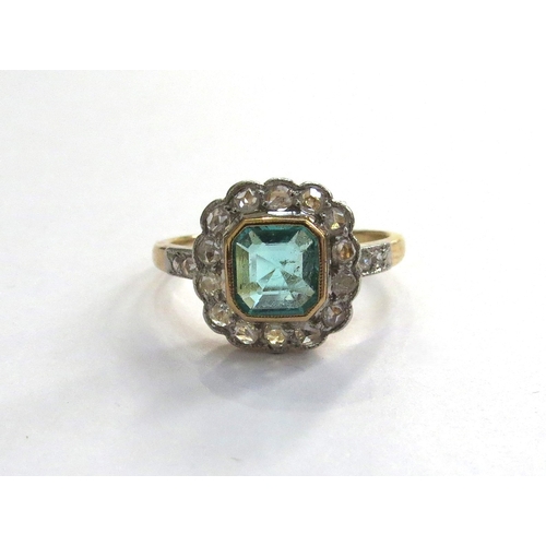 6036 - An emerald and old cut diamond cluster ring, unmarked gold and platinum. Size M, 3.2g