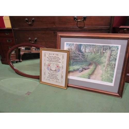 4049 - An Edwardian inlaid oval form mirror with bevelled glass mirror plate, a late 20th Century sampler a... 
