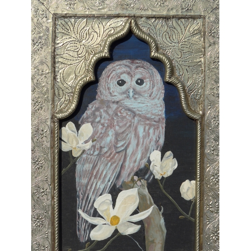 4050 - A 20th Century oil on board of a Tawny Owl, unsigned. Set in an Eastern style white metal covered ar... 