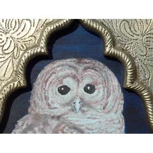 4050 - A 20th Century oil on board of a Tawny Owl, unsigned. Set in an Eastern style white metal covered ar... 