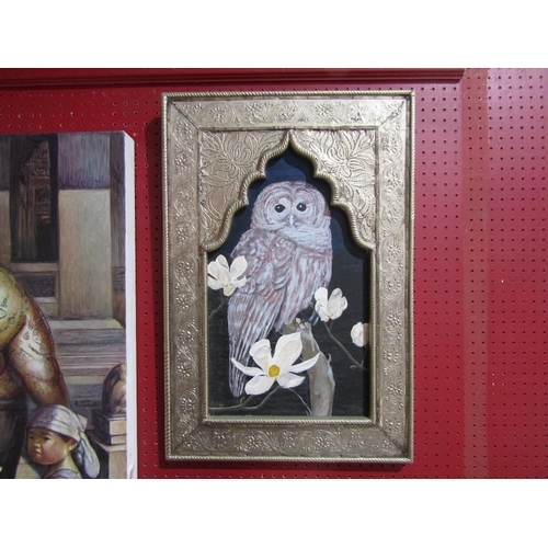 4050 - A 20th Century oil on board of a Tawny Owl, unsigned. Set in an Eastern style white metal covered ar... 