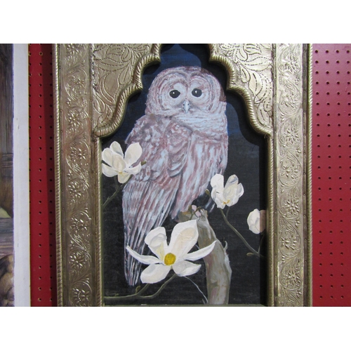 4050 - A 20th Century oil on board of a Tawny Owl, unsigned. Set in an Eastern style white metal covered ar... 