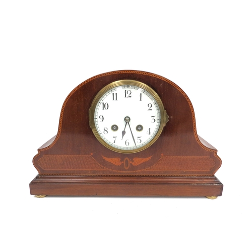 4056 - A French Art Deco mantel clock, inlaid case with stringing detailing, white Arabic dial