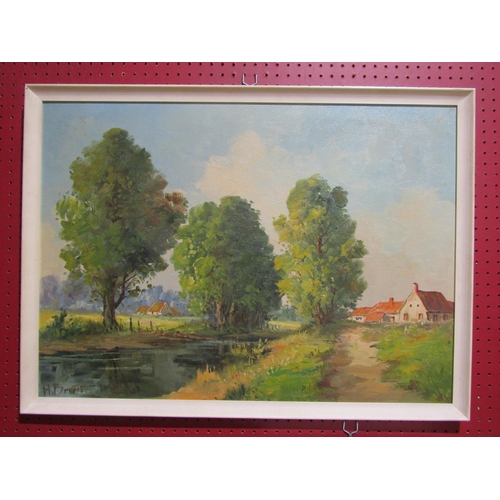 4054 - H.BRENT (XX): A framed oil on board, rural, river scene with cottages. Signed bottom left. Image siz... 