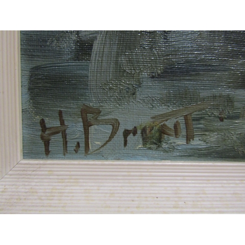 4054 - H.BRENT (XX): A framed oil on board, rural, river scene with cottages. Signed bottom left. Image siz... 