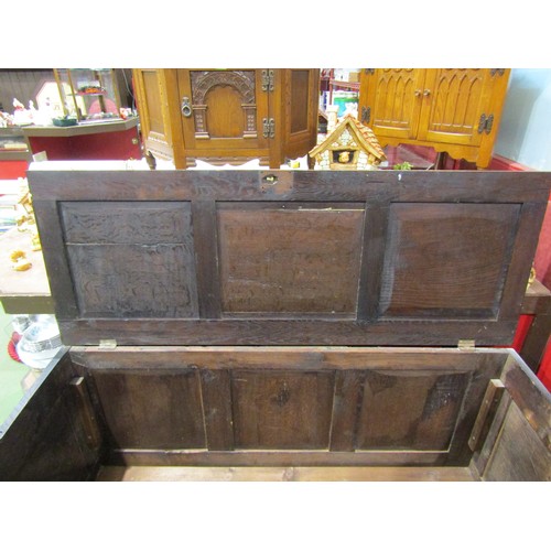 4009 - A three panel coffer with carved decoration on brass castors, 62cm tall x 142cm wide x 54cm deep