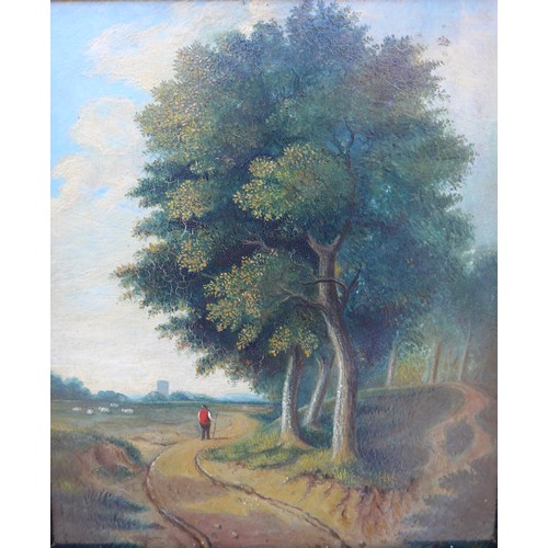 9019 - A 19th Century oil on panel, figure on a country path, pastoral scene beyond and church tower in dis... 