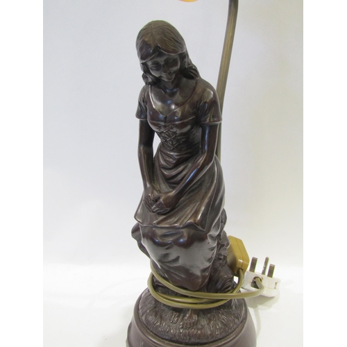 1027 - A 20th Century bronzed figural table lamp 'Aug Moreau' to base with glass frilled shade 55cm tall