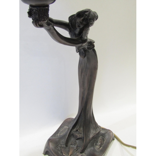 1030 - A 20th Century bronzed figural table lamp wth milk glass frilled shade a/f, 45cms tall