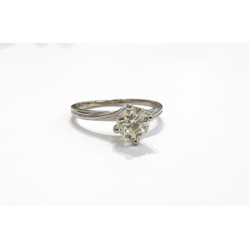 6051 - A white gold diamond solitaire ring 1ct approx diamond, 14ct. Size N/O, 2.2g