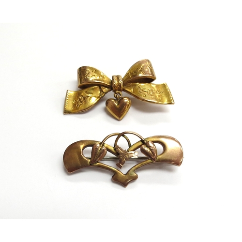 6533 - Two 9ct gold brooches, bow and birds design, 4.6g