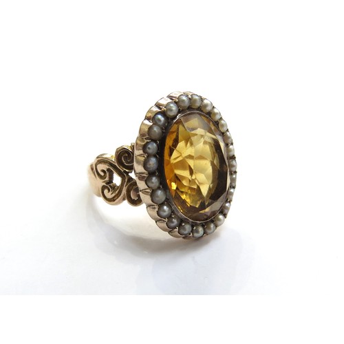 6043 - An unmarked gold citrine and seed pearl cluster ring in Georgian style, resized. Size O, 6.9g