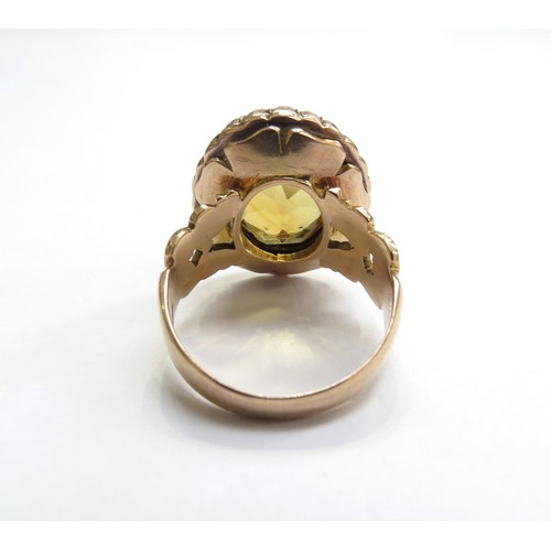 6043 - An unmarked gold citrine and seed pearl cluster ring in Georgian style, resized. Size O, 6.9g