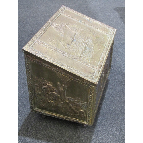1046 - A brass coal box with rural scenes