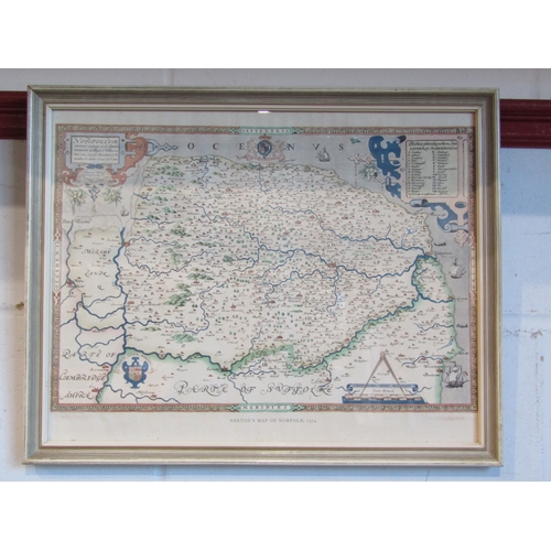 1009 - A reproduction Saxton's Map of Norfolk 1574 and a map of Devonshire, reproduction John Speede, both ... 
