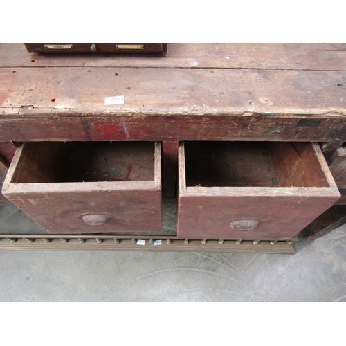 2013 - A Victorian oak shop counter, plank top, five drawer, one as a till, stile legs, 223cm long