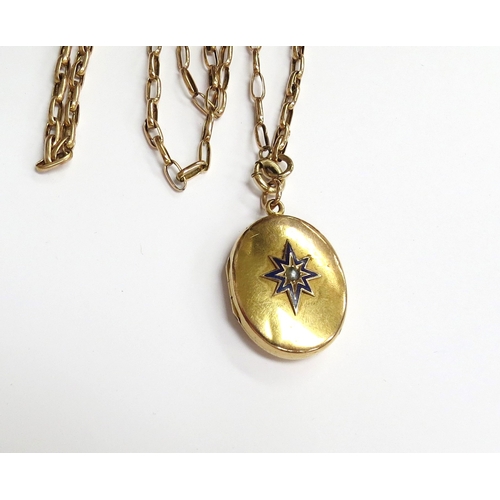 6518 - A 9ct gold chain with a Victorian gold locket, blue enamelled star with pearl to centre, 80cm long, ... 