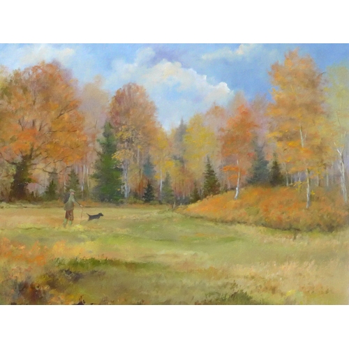 9047 - SHIRLEY CARNT (b.1927) A large framed oil on canvas, figure walking dog in woodland landscape. Signe... 