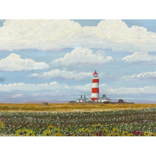9048 - A late 20th Century framed oil on board, 'Happisburgh Lighthouse', unsigned work. 39cm x 49cm