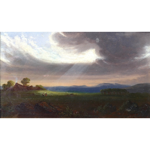 9018 - JOHN CAIRNS (c.1845-1867): An oil on board ‘A Shaft of Light’, breaking clouds with sunlight coming ... 