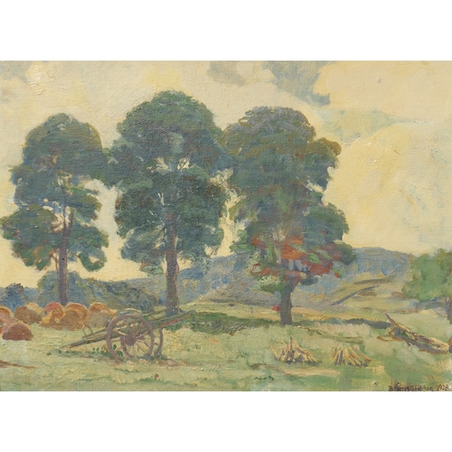9022 - DAVID FORRESTER WILSON (1873-1950): An oil of hay cart in field, row of trees behind, signed and dat... 