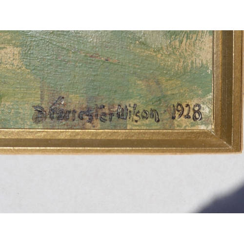 9022 - DAVID FORRESTER WILSON (1873-1950): An oil of hay cart in field, row of trees behind, signed and dat... 