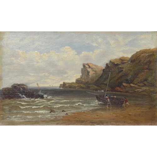 9016 - A 19th Century oil on canvas of a fishing vessel, signed E.T.C. lower right, 15cm x 25cm, heavy gilt... 
