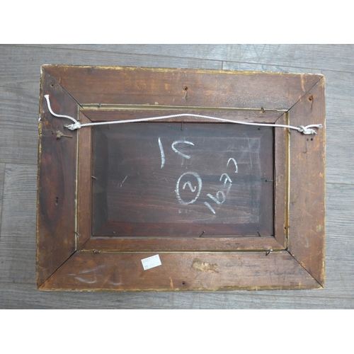9016 - A 19th Century oil on canvas of a fishing vessel, signed E.T.C. lower right, 15cm x 25cm, heavy gilt... 