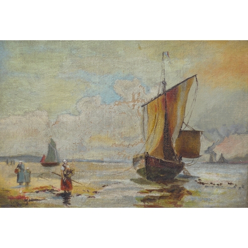 9015 - JAMES CAMPBELL NOBLE (1846-1913): An oil of figures beside beached sailing vessels, 17cm x 24.5cm, g... 
