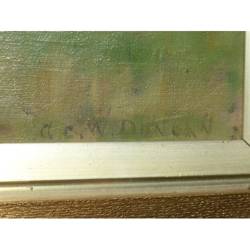 9020 - ALEXANDER C.W. DUNCAN (XIX-XX): An oil on canvas of sheep grazing in a meadow, signed lower right, 2... 