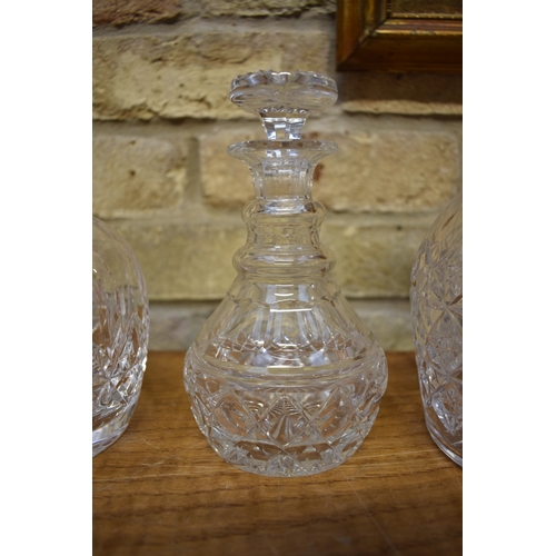 4408 - A Stuart Crystal ring necked decanter, a crystal decanter with ceramic whisky label and a small Stua... 