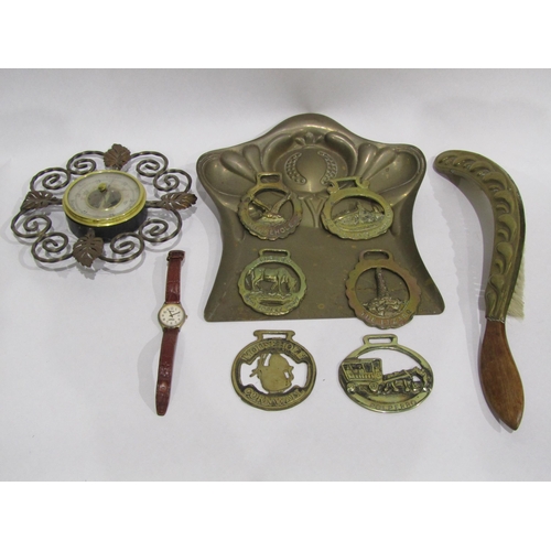 4388 - A collection of horse brasses, a barometer and brass dustpan and brush