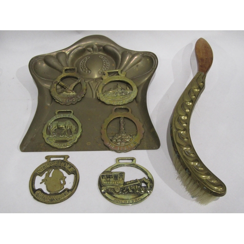 4388 - A collection of horse brasses, a barometer and brass dustpan and brush