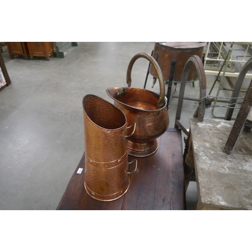 2015 - A hammered copper coal bucket and scuttle, both with brass handles