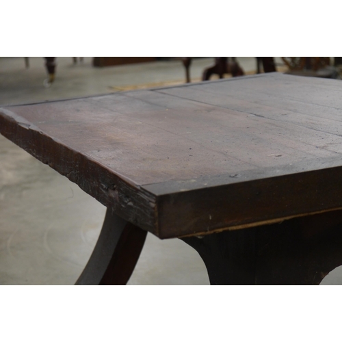 2016 - An oak topped table on industrial cast iron base, 81x61cm