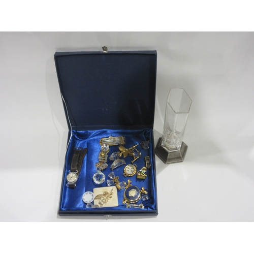4428 - A glass vase with silver base together with a selection of miniature glass ornaments, gents wristwat... 