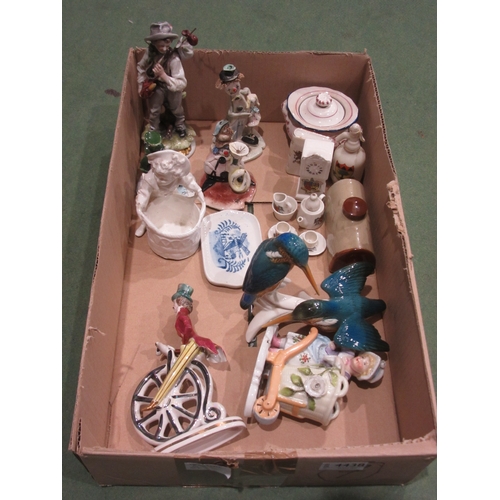 4438 - Assorted ceramics including clown figures, Capodimonte, gent on Penny Farthing cycle, Kingfishers on... 