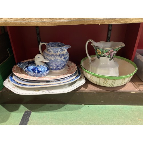 4220 - Blue and white meat plates, ceramic duck, jug, wash bowl and wash jug etc. Some a/f