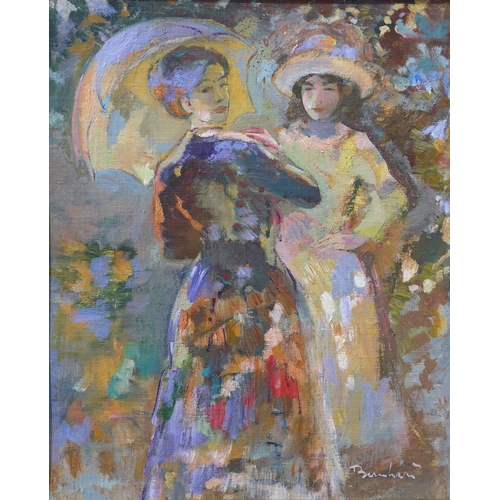 9034 - BERNHARD PEDERSEN (1913-2020) Two oils on board, one of ladies with parasol and one depicting figure... 