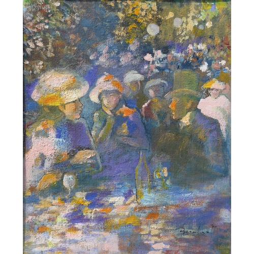 9034 - BERNHARD PEDERSEN (1913-2020) Two oils on board, one of ladies with parasol and one depicting figure... 