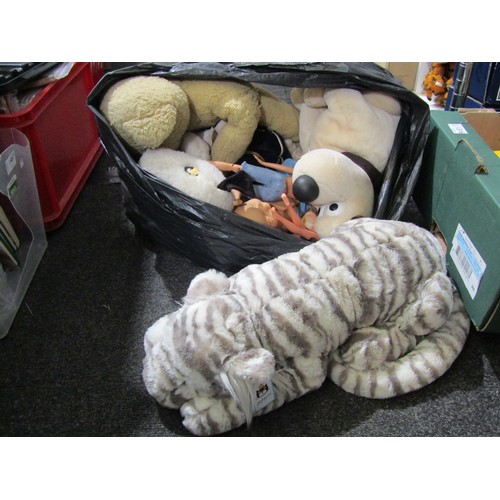 1438 - Two boxes and a bag of children's toys to include soft toy animals